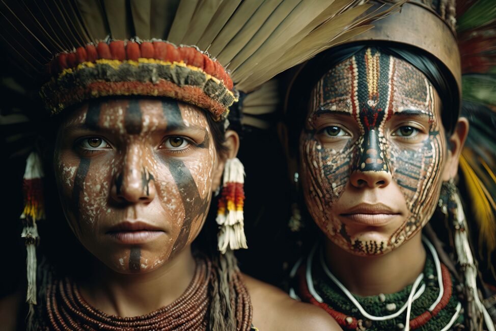 Group portrait of indigenous people from the Amazon with ritual paintings on their face and headdresses looking at the camera. Generative ai